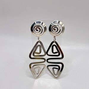 Vintage Modernist Spiral Silver Tone Statement Drop Earrings 3.5”